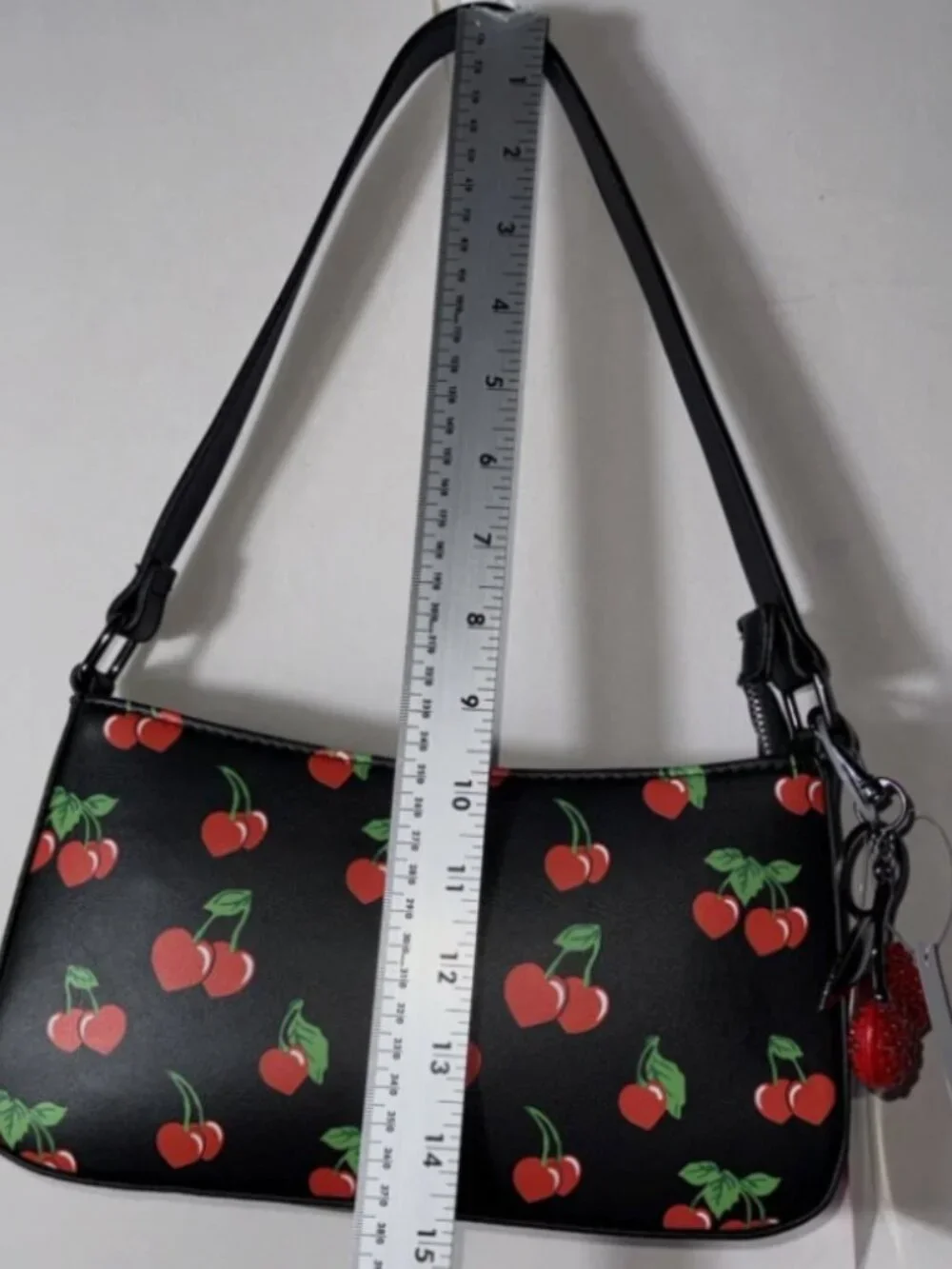 BETSEY JOHNSON Women’s Shoulder Bag With Cherries Red Crystal Cherry Charm NWT - Picture 6 of 11